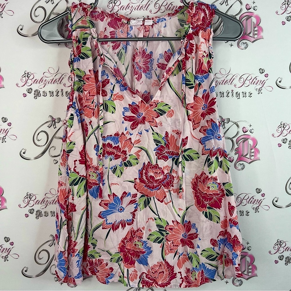 GAP tank top tie up ribbon flowers Floral Sleeveless Blouse - Pink and Blue